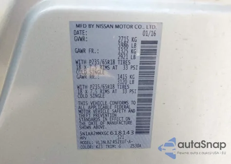 2016 Nissan Pathfinder Platinum/S/Sl/Sv z USA, uszkodzony, nr VIN 5N1AR2MMXGC618143